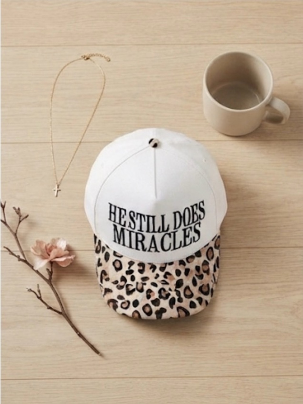 He Still Does Miracles White Cap with Leopard Brim